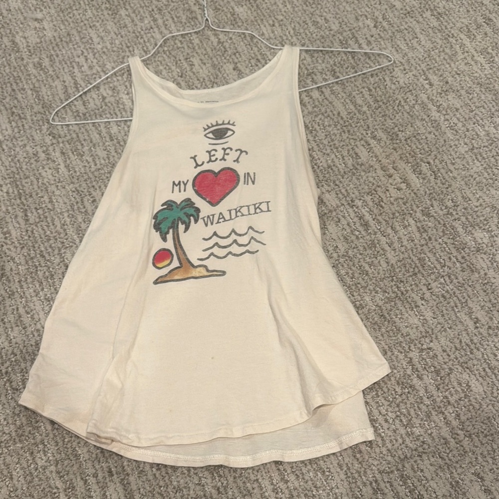 White Graphic Tank Top with Beach Design